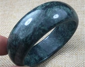 Jade Bangle 58 mm Bracelet Stunning Deep Cuff Motted Black Green Jadeite Jewelry Late 20th Century Chinese Hand Carved Jade Bangle