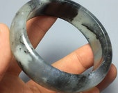 Jade Bangle 58 mm Bracelet Hand Carved 20th C. Chinese Glossy Black White Jadeite Bracelet Stunning Jade Bangle 71