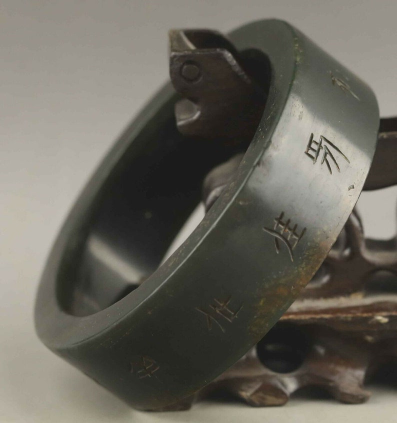 Jade Bangle 54 mm Bracelet Wide Cuff With Chinese Characters Natural Black Green Chocolate Jadeite Jade Bangle