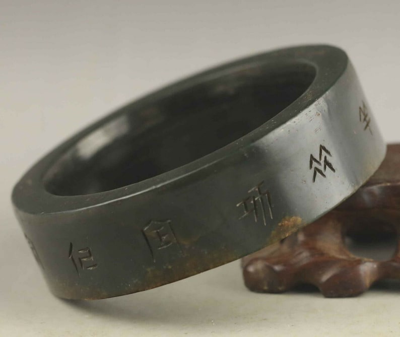 Jade Bangle 54 mm Bracelet Wide Cuff With Chinese Characters Natural Black Green Chocolate Jadeite Jade Bangle