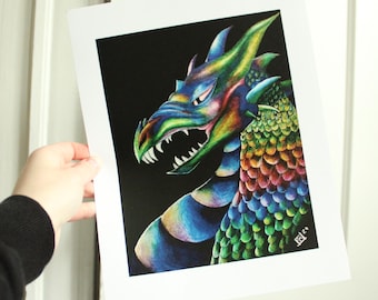 Iridescent Dragon Art Print, Colored Pencil Wall Decor