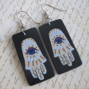 Hamsa Earrings, Hand of Miriam, Black - upcycled, handpainted