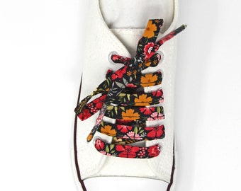 Black Red and Orange Floral Cotton Shoelaces, Also in Cream, Retro look, Canvas Shoes, Sneakers