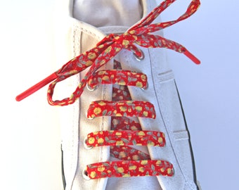 Red Floral Cotton Shoelaces, Summer Shoes, Vintage Style, Canvas Shoes, Sneakers