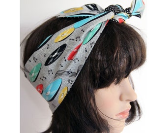 Vintage Style Records Music Retro Reversible Hair Wrap 50’s Style | Rock and Roll | Head Scarf | Bandana | Self-tie Scarf