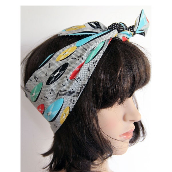 Vintage Style Records Music Retro Reversible Hair Wrap 50’s Style | Rock and Roll | Head Scarf | Bandana | Self-tie Scarf