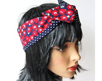 Navy and Red Poppies Reversible Retro Hair Wrap, Head Scarf, 50’s chic,  Bandana, Vintage Style, Self-Tie Scarf