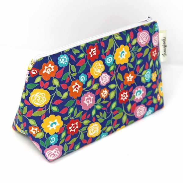 Bright Blue Floral Make-up and Wash Bags, Also in Red, Different Sizes Available, Summer Fun, Machine Washable, Waterproof Lining