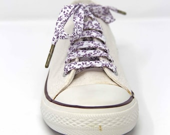 Purple on white Floral Fabric Shoelaces, Summer Shoes, Vintage Style, Canvas Shoes, Great Gift, other colours available
