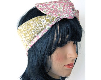 Pink and Olive Green Floral Retro Reversible Hair Wrap, 50’s Style, Head Scarf, Bandana, Vintage Style, Other Colours.