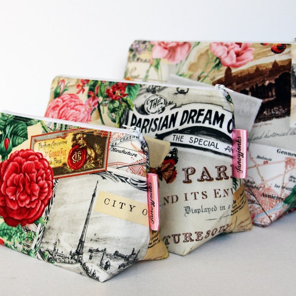 Vintage Style Floral Parisian Spring Make-up and Wash Bag, Retro Chic, Different Sizes Available, Machine Washable, Waterproof Lining