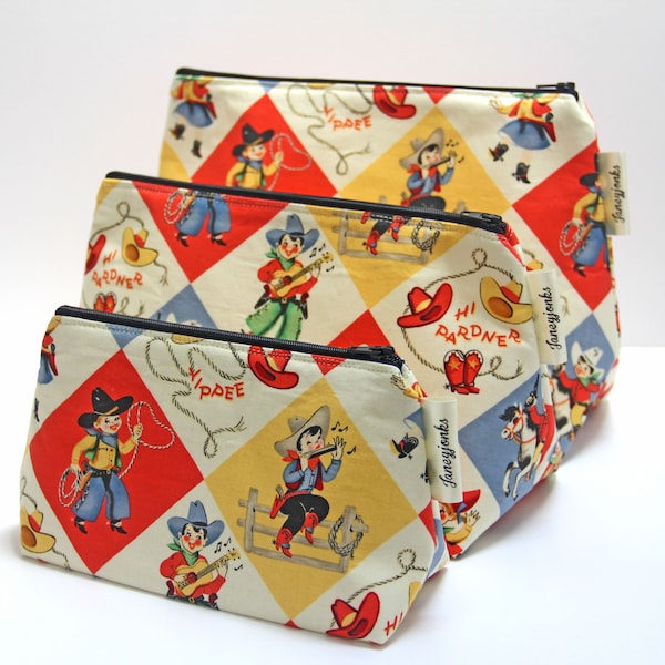 Vintage Style Cowboys and Cowgirls Make-up and Wash Bags, Retro Chic, Different Sizes Available, Machine Washable, Waterproof Lining