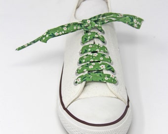 Green Floral Cotton Shoelaces, Also in Yellow and Lilac, Summer Shoes, Sneakers, Canvas Shoes, Plimsolls, Retro Footwear, Pretty Feet