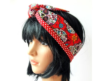 Red Sugar Skulls Hair Wrap, Also in Black, Retro Reversible, 50’s Style Head Scarf, Bandana, Vintage Style, Self-tie scarf