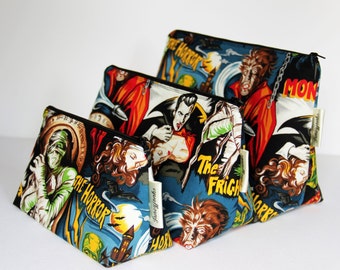 Retro Vintage Style Classic Horror Film Make-up and Wash Bag, Multiple Sizes Available, Machine Washable, Waterproof Lining, Movie Fans