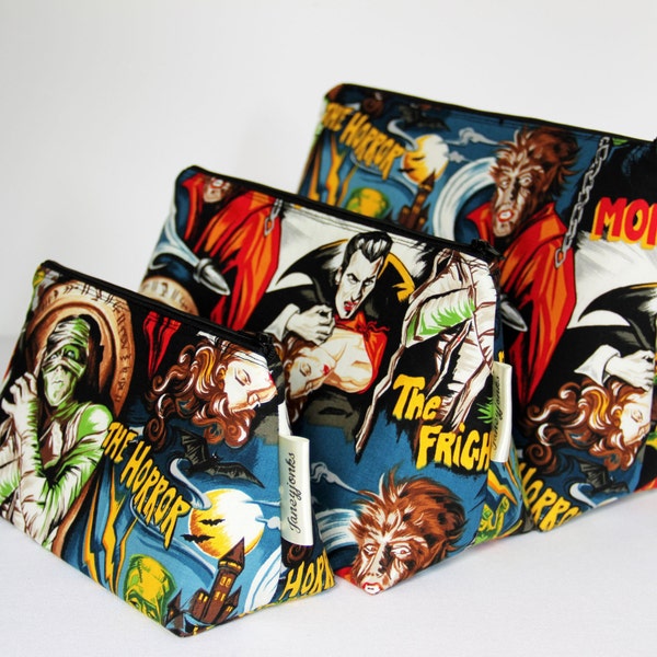 Retro Vintage Style Classic Horror Film Make-up and Wash Bag, Multiple Sizes Available, Machine Washable, Waterproof Lining, Movie Fans