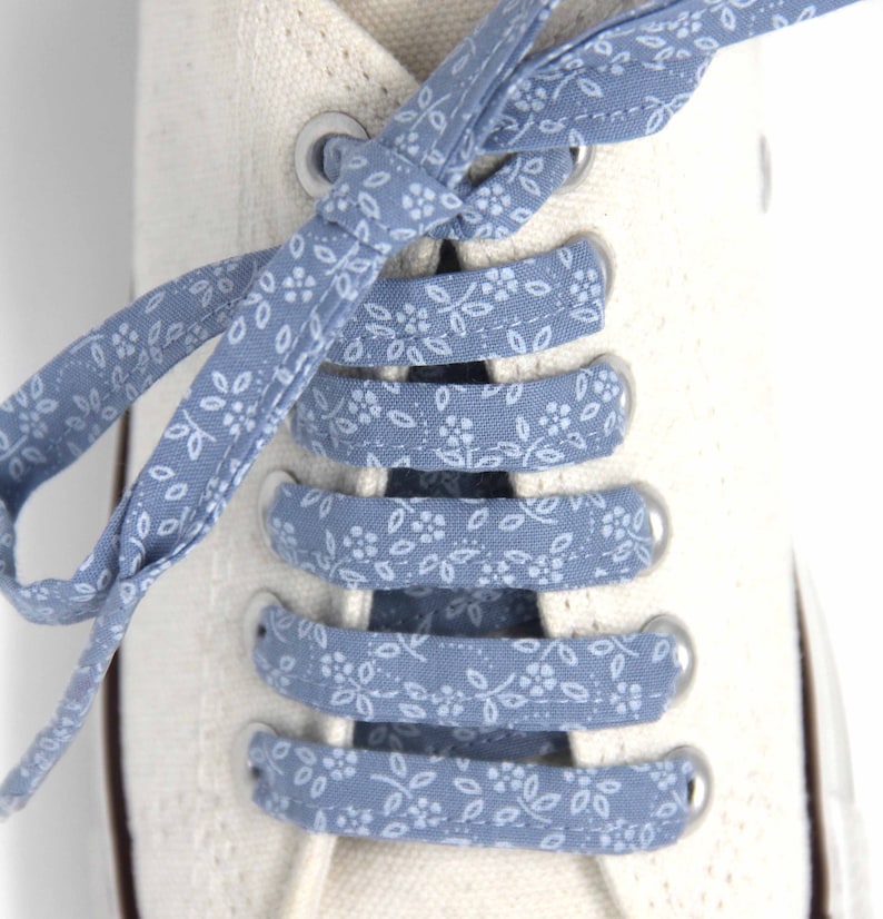 May include: White canvas shoes with blue patterned shoelaces tied in a criss-cross pattern.