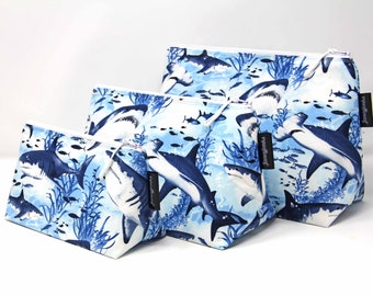 Sharks Fabric Make-up and Wash Bag, Bathroom drama, Different Sizes Available, Machine Washable, Waterproof Lining