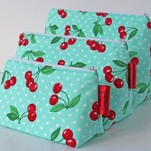 Vintage Style Cherries on Mint Cotton Make-up and Wash Bag, Different sizes and Colours available, Machine Washable, Waterproof Lining