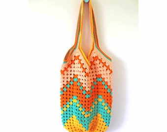Crochet Festival Beach Bag, orange, yellow and green cotton yarn