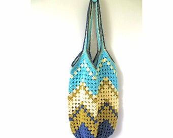 Crochet Festival Beach Bag, blue and olive cotton yarn