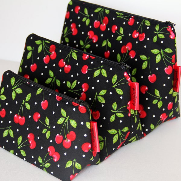 Retro Black Cherries Fabric Make-up and Wash Bag, 50's Style, Different Sizes and colours, Machine Washable, Vintage Glamour