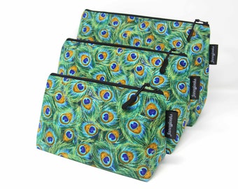 Beautiful Peacock Feathers Fabric Make-up and Wash Bag, Retro Glamour, Different Sizes Available, Machine Washable, Waterproof Lining