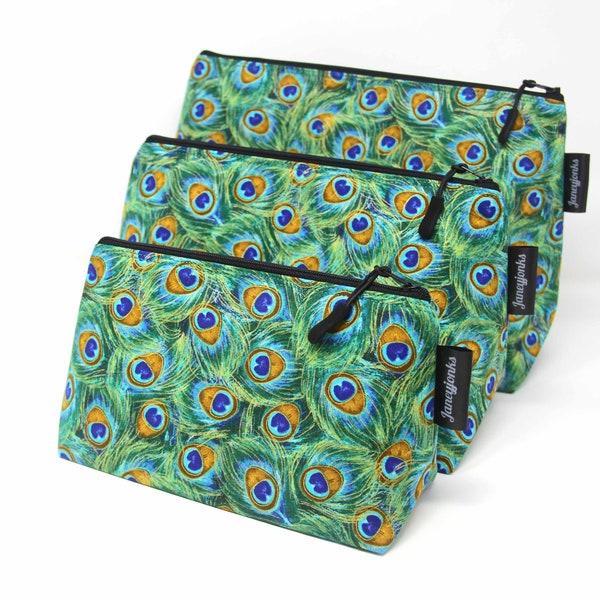 Beautiful Peacock Feathers Fabric Make-up and Wash Bag, Retro Glamour, Different Sizes Available, Machine Washable, Waterproof Lining