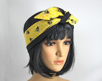 Honey Bees Retro Reversible 50’s Style Hair Wrap | Head Scarf | Bandana | Vintage Style |  Self Tie Scarf