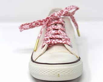 Red on white Floral Fabric Shoelaces, Summer Shoes, Vintage Style, Canvas Shoes, Great Gift, other colours available