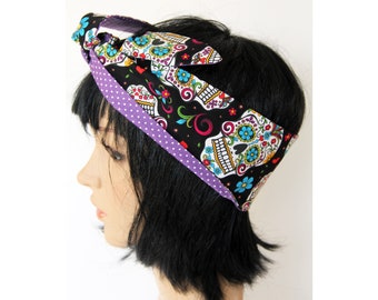 Black Sugar Skulls Reversible Hair Wrap, 50’s Style, Head Scarf, Bandana| Retro Style, Also in Red