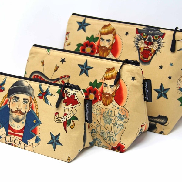 Tattooed Men Makeup and Wash Bags, Different sizes available, Gift for Men, Machine Washable, Waterproof Lining