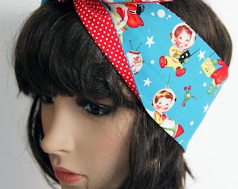 Cute Rocket Rascals Retro Reversible Hair Wrap | 50's Style | Head Scarf | Bandana | Vintage Style | Self-tie Scarf