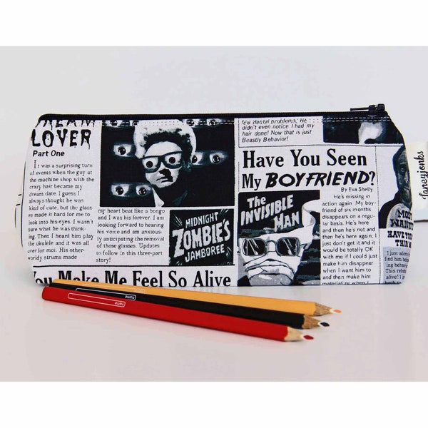Retro Zombie Newspaper Pencil Case, Makeup and Wash Bags, Washable Lining, Other sizes available, Great for Film Buffs