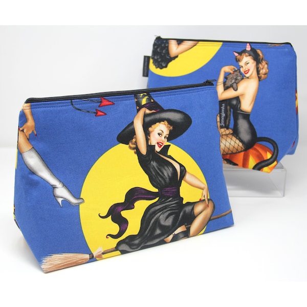 Retro Halloween Pin-ups Film Make-up and Wash Bag, Multiple Sizes Available, Machine Washable, Waterproof Lining, Vintage Fans