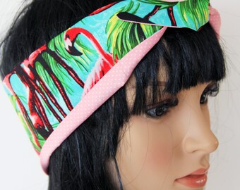 Pink Flamingos Retro Reversible 50’s Style Hair Wrap | Head Scarf | Bandana | Vintage Style | self-tie scarf