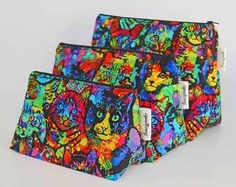 Brightly Coloured Cats Make-up and Wash Bag, Different Sizes, Machine Washable, Waterproof Lining, Great Gift for Cat Lovers