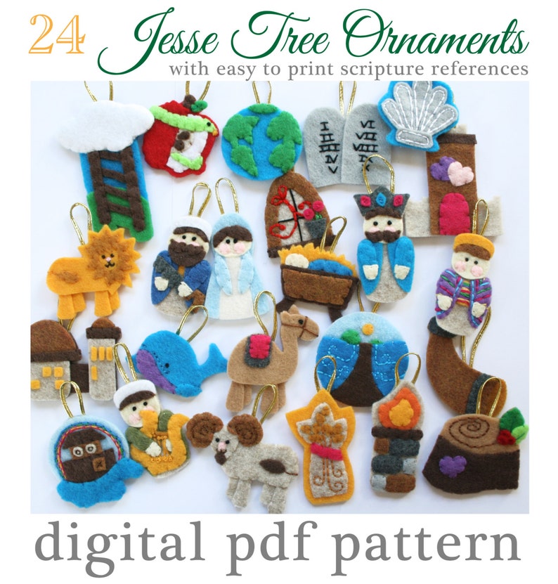 24 JESSE TREE Advent Ornaments PATTERN 24 Ornaments with easy to print scripture references Pattern image 1