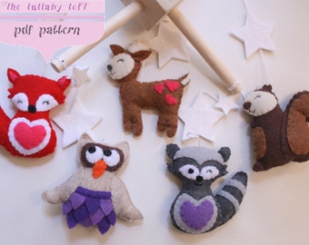 Woodland Baby Mobile - PDF PATTERN - fox, raccoon, deer, squirrel, owl & wooden nursery hanger instructions