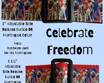 DOG Collar: 4th of July - America - adjustable buckle or martingale ,harness, leash . 1” or 1 1/2” width