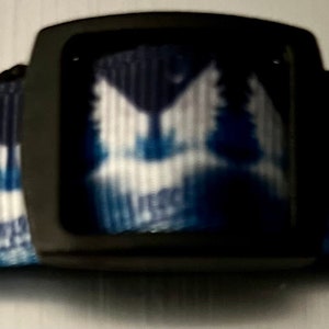 May include: A black dog collar with a blue and white pattern of trees and a crescent moon. The collar has a black metal buckle.