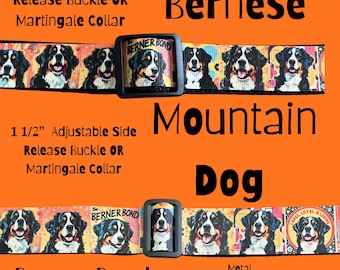 DOG Collar: adjustable buckle or martingale ,harness, leash . 7/8” Bernese Mountain Dog
