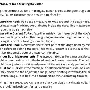 May include: Text instructions on how to measure a dog for a martingale collar. The steps include measuring the neck, current collar, and head. It also advises to consider both measurements and account for buckles for a perfect fit.