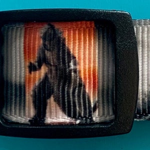 Puede incluir: Cinta estampada en blanco y negro con figuras de Godzilla y detalles en naranja y blanco. La cinta está ensartada en una hebilla de plástico negro, adecuada para diversos proyectos de manualidades.