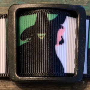 May include: Black and white dog collar with a repeating pattern of black silhouettes of dogs wearing witch hats on a green and white background. The collar has a black metal buckle.