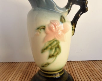 Tall #87 Ewer Pitcher Matte Finish Pinecone Motif Beige and Brown Woodsy Cabin Decor ref 21070 Vintage Hull U.S.A