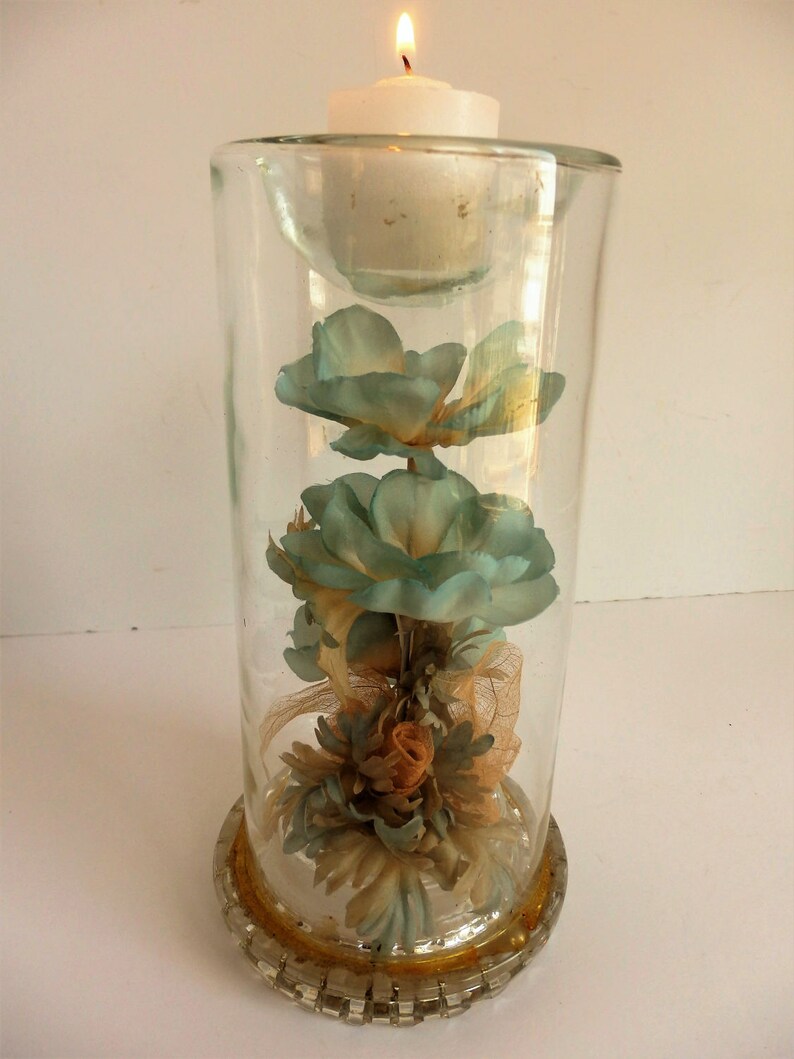 Glass Candle Holder with Enclosed Flowers. 'Starflower Etsy