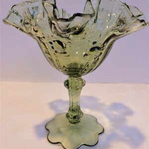 Fenton Glass Colonial Green Rose Pattern.  Six Inch Pedestal Bowl. Fenton Art Glass Compote
