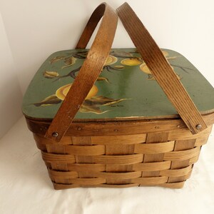 Painted Picnic Basket, by Jann Peitso. “Walnut Grove”. Painting of Walnuts on Branch of Black Walnut Tree.