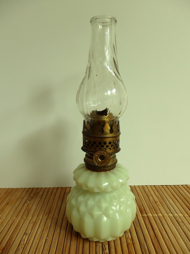 Vintage Small Oil Lamp With Green Milk Glass Base - Green Milk Glass Oil Lamp Vintage Small Oil Lamp With Green Milk Glass Base - Green Milk Glass Oil Lamp